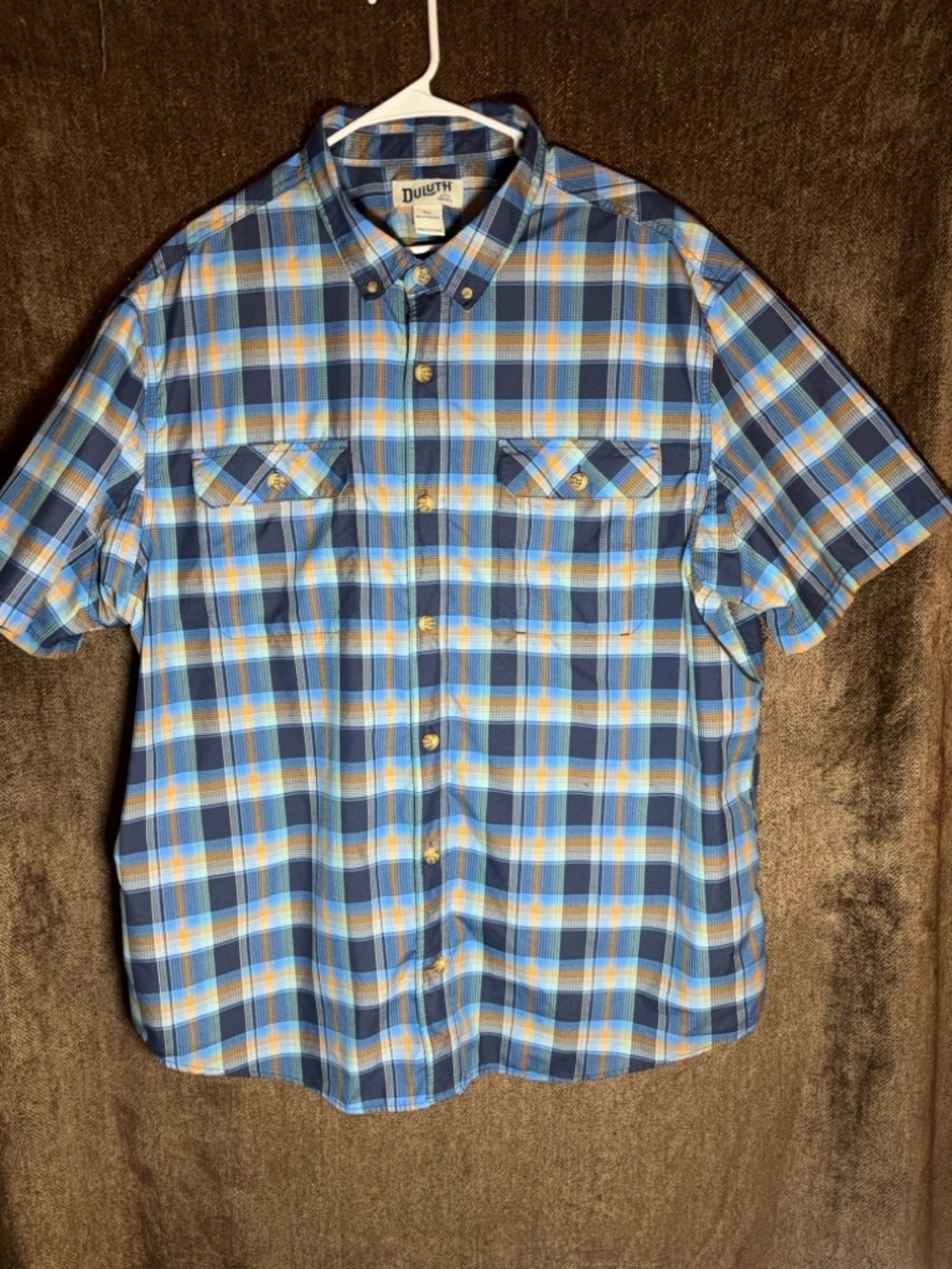 Duluth Trading Co Blue & Yellow Plaid Short-Sleeve Button-Down Shirt